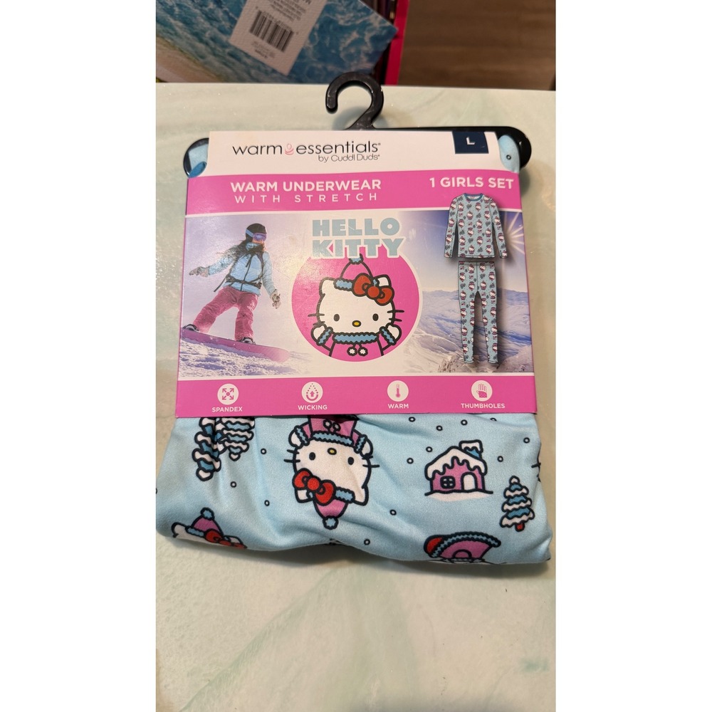 Warm Essentials Cuddl Duds Hello Kitty Girls Thermal Underwear Set Blue L 10/12